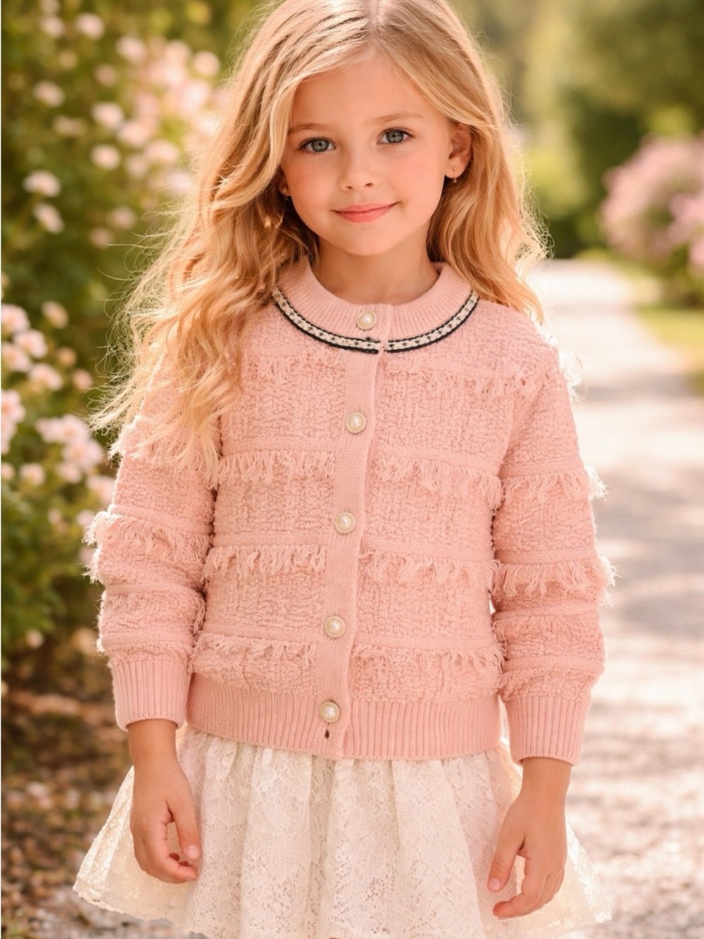 Girls Pink Fringe Knit Cardigan with Pearl Buttons, Adorable, Soft